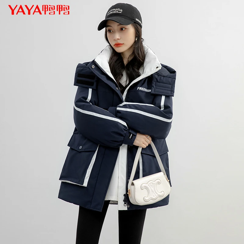 YAYA/鸭鸭户外时尚宽松中长款拼色女保暖羽绒服外套【YE3B602141D】