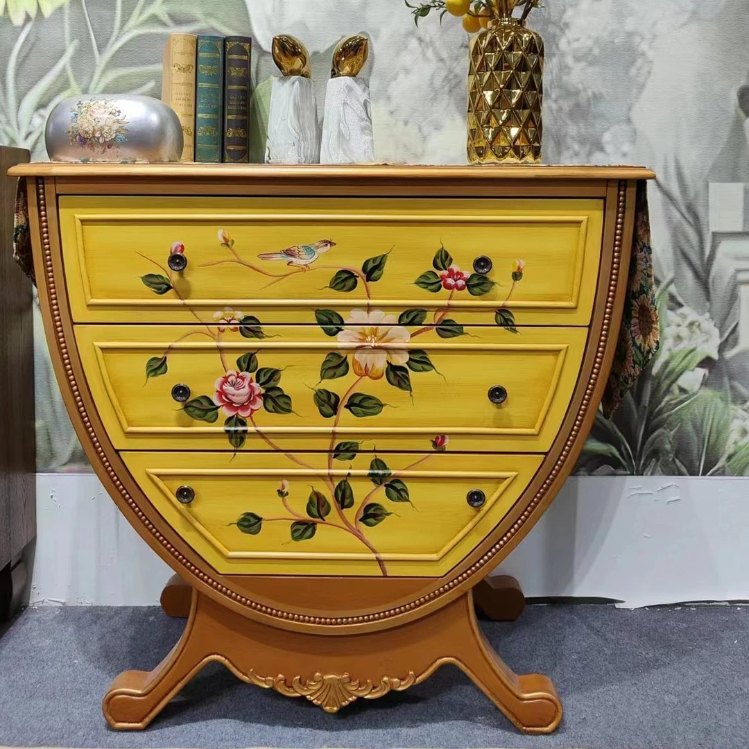 美式复古客厅松弛感手绘三斗柜新中式收纳柜储物柜做旧欧式雕花