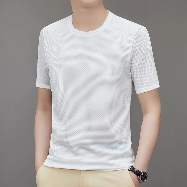 2025夏季男士冰丝无痕短袖T恤宽松抗皱百搭透气商务休闲圆领上衣