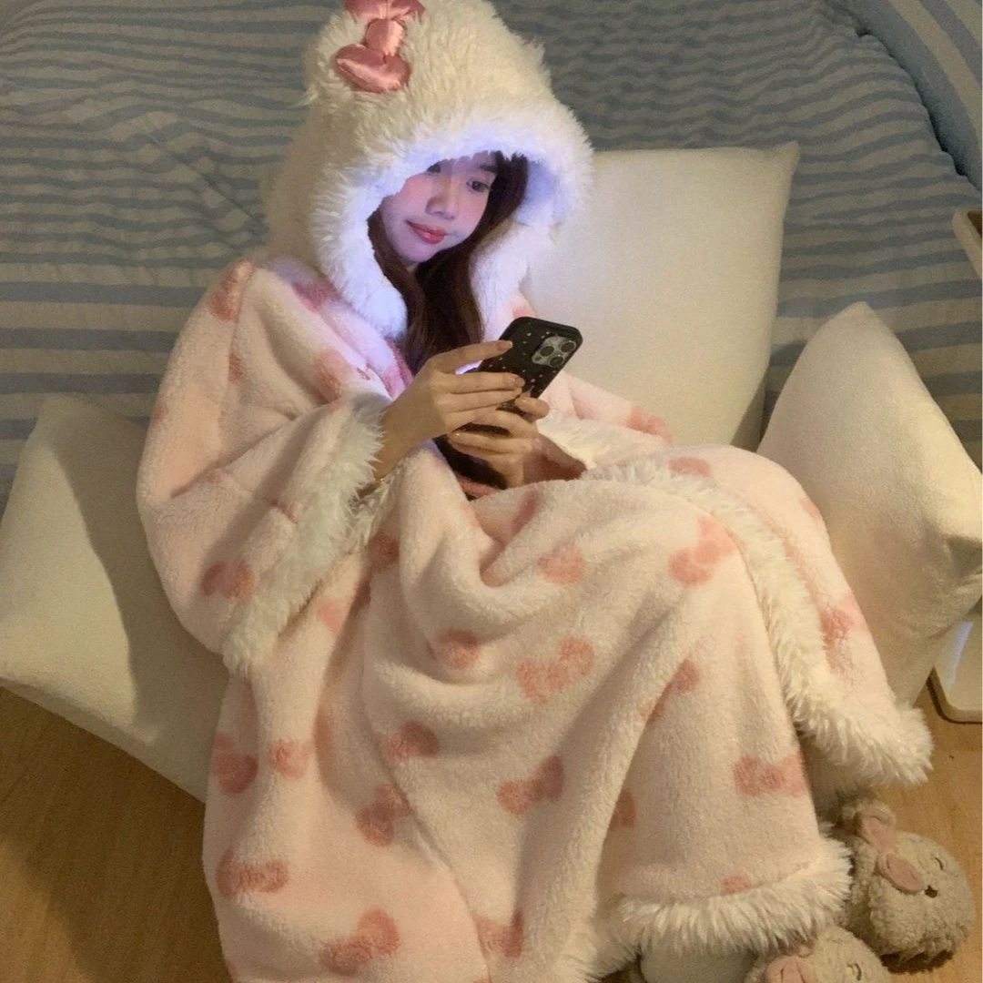 可爱睡袍凯蒂猫连帽斗篷披肩舒棉绒睡袍浴袍冬季女加厚保暖家居服
