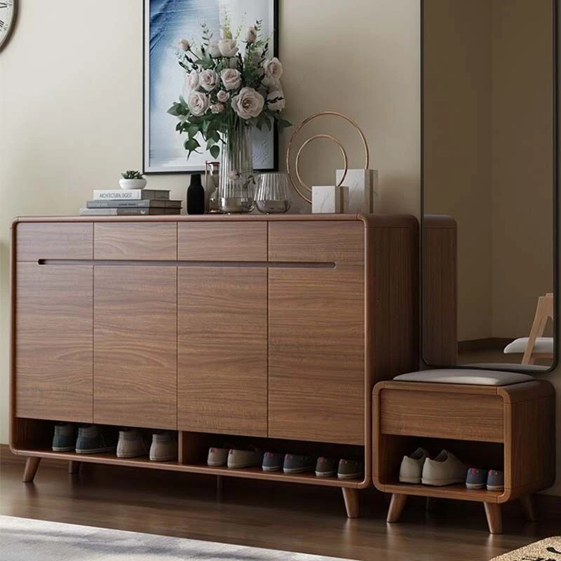 新疆包邮简约新中式实木鞋柜家用小户型入户门鞋柜加长换鞋凳可坐