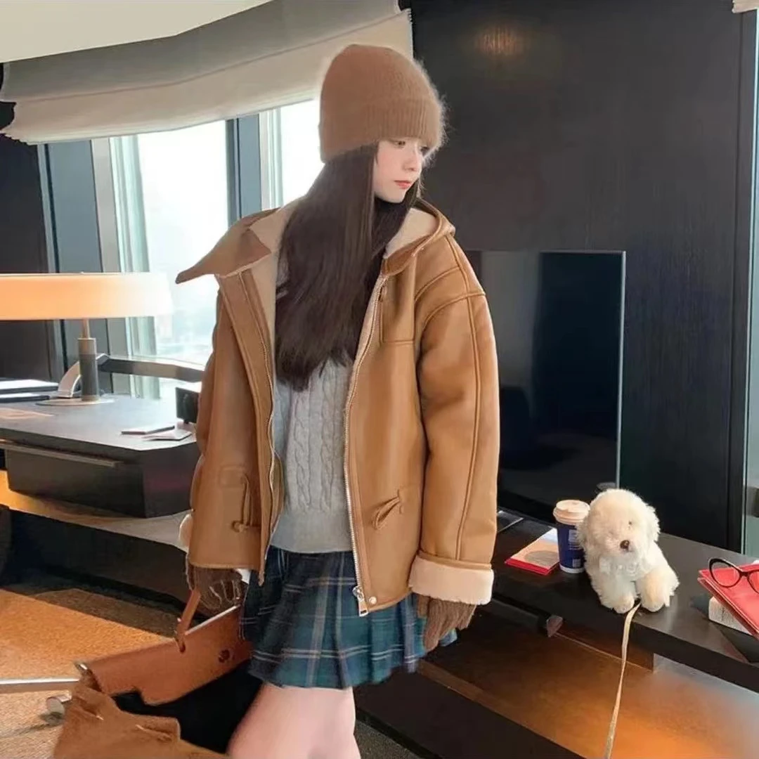 皮衣女外套棕色皮外套【6612】短款时尚休闲连帽加绒加厚