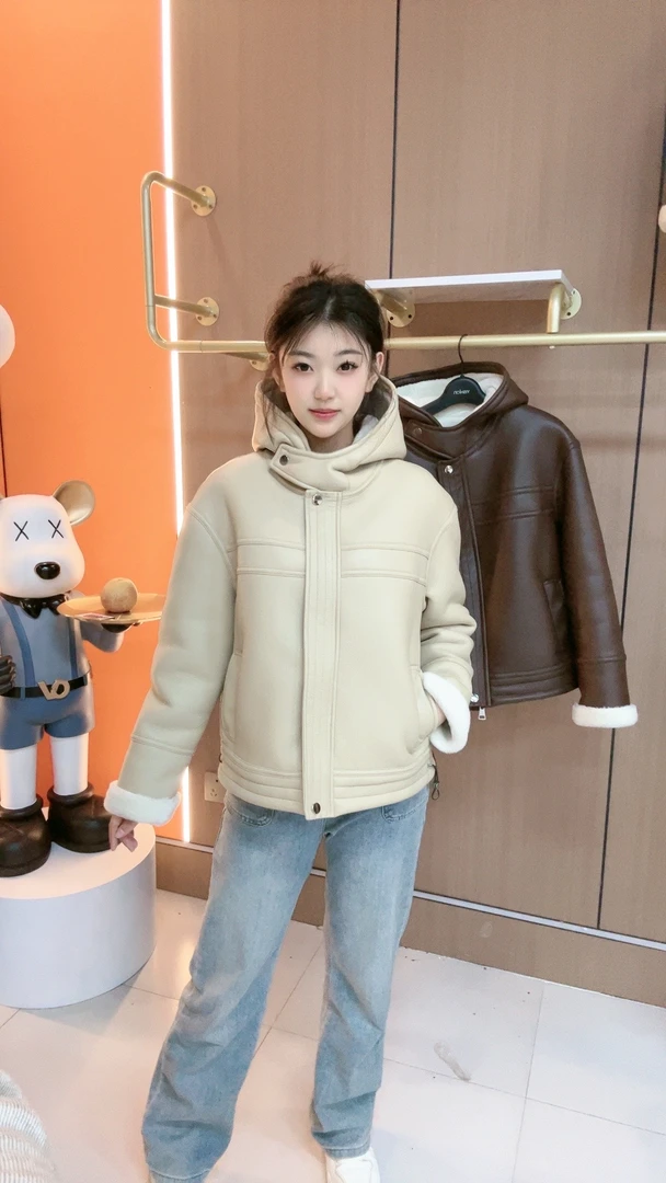 【瑕疵】【6611】短款时尚休闲连帽加绒加厚皮毛一体