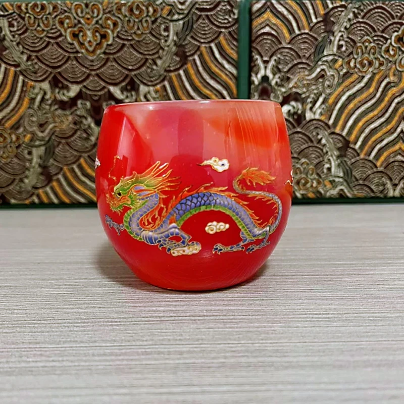 大红双龙戏珠无礼盒高端茶器主人杯手工描绘红琉璃茶杯水杯