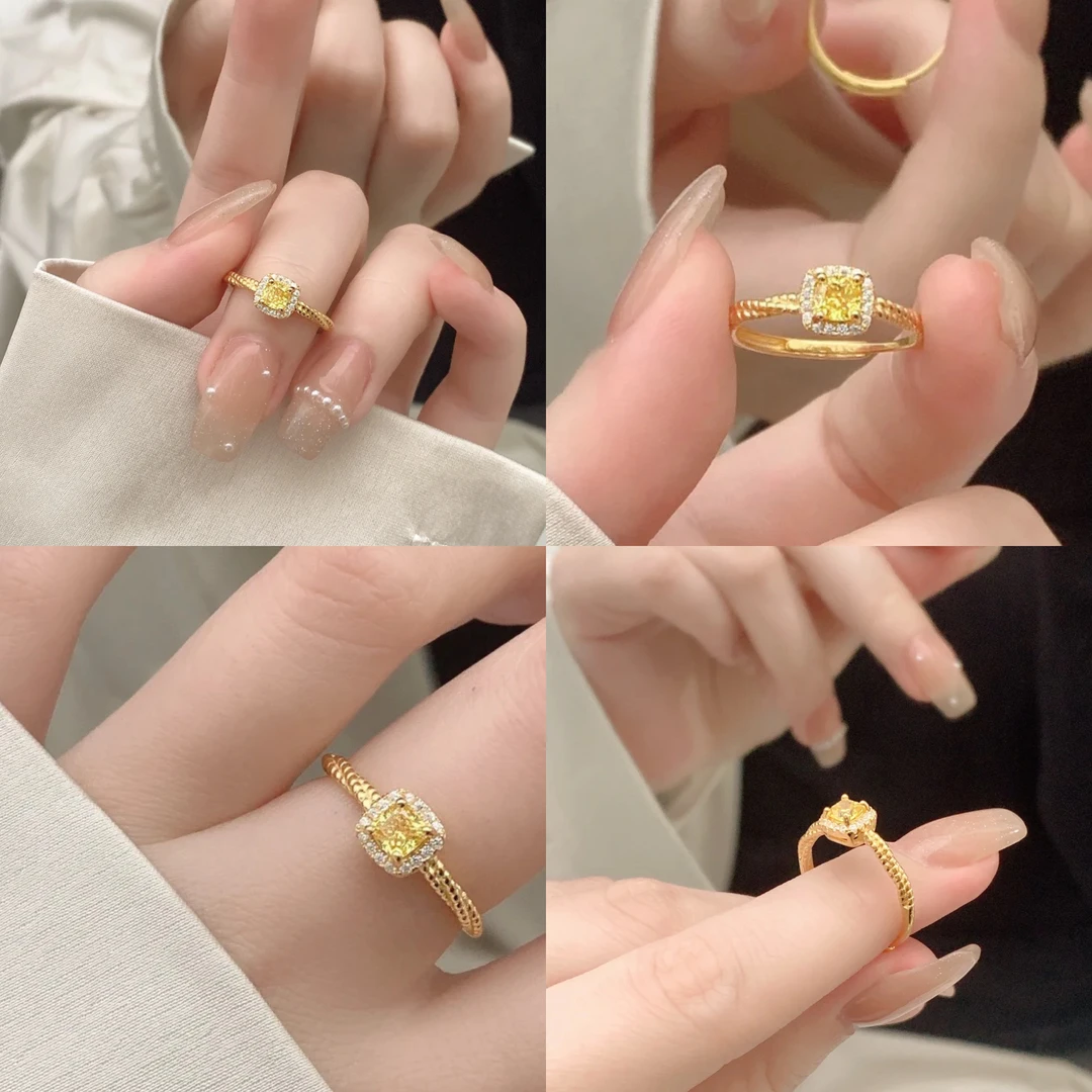 钛钢玻璃戒指 小方糖轻奢超闪黄锆开口戒指高级感网红爆甜酷贵气