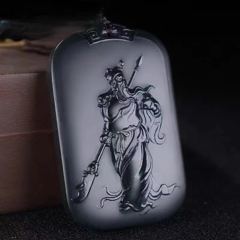 【武财神关公】双面精雕和田玉新疆料青玉配挂绳礼盒吊坠