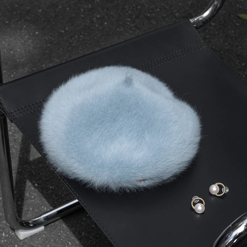 疯帽子 保暖安哥拉兔毛绒柔软贝雷帽子女时尚百搭画家帽冬新