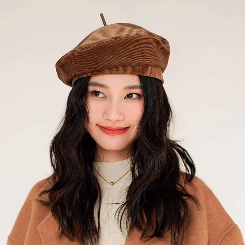 疯帽子 美拉德贝雷帽灯芯绒复古英伦风时尚帽子女 百搭画家帽秋冬