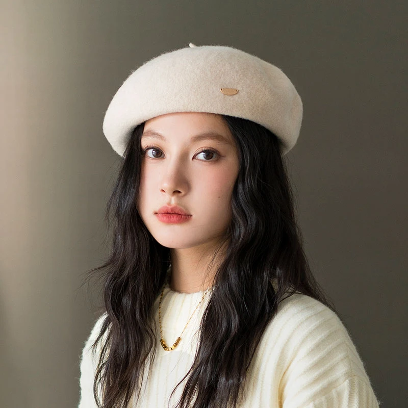 疯帽子 羊毛百搭纯色贝雷帽秋冬保暖日系画家帽子女蓓蕾新款