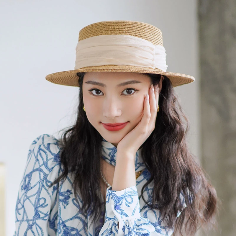 疯帽子夏季新款时尚法式平顶平沿遮阳草帽度假太阳帽礼帽百搭复古