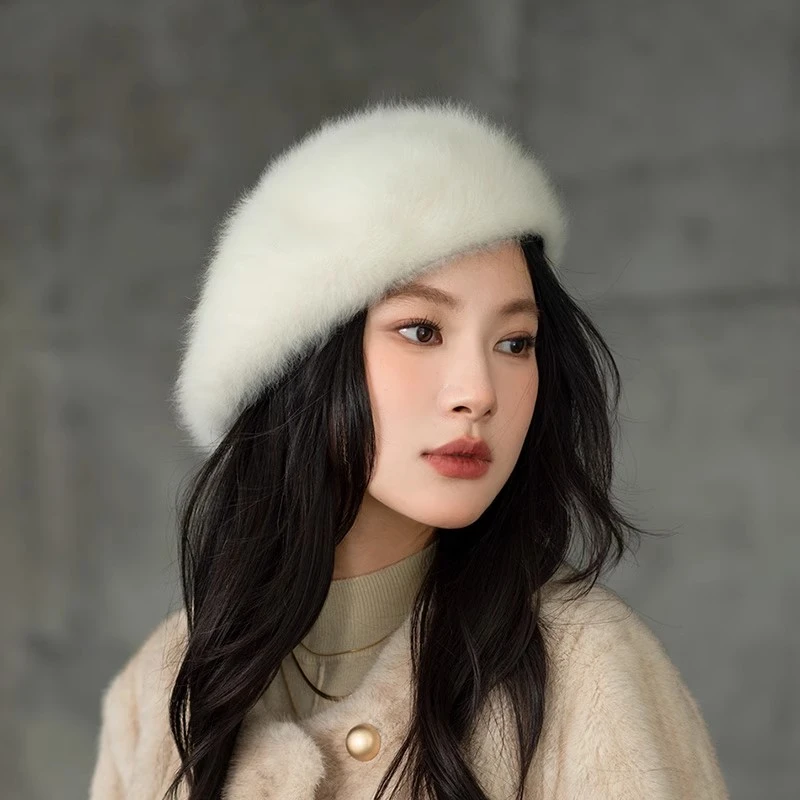 疯帽子 柔软白色安哥拉兔毛贝雷帽子女保暖毛绒画家帽秋冬新