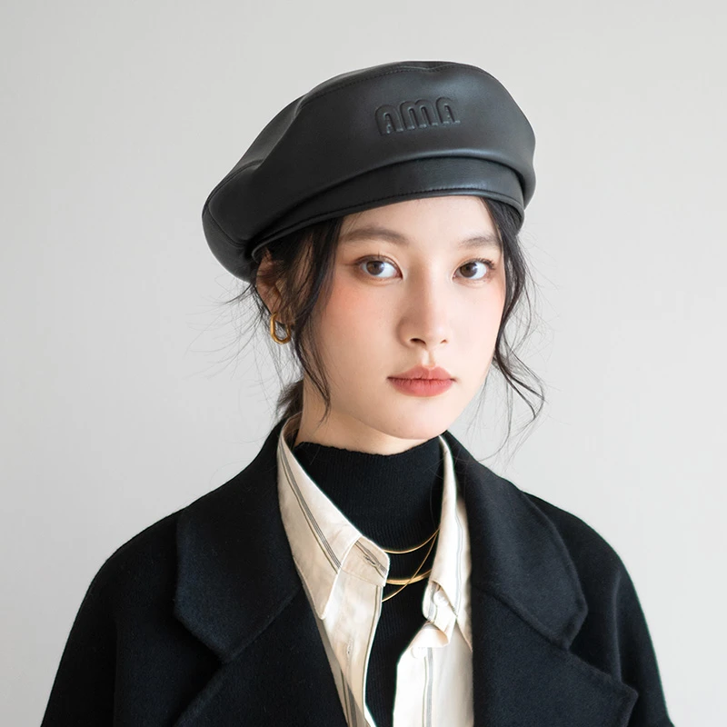 疯帽子 秋季时髦贝雷帽PU皮质帽子咖色时尚字母百搭韩版画家帽