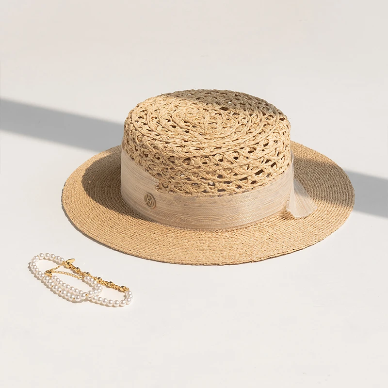 疯帽子 2025春夏季法式镂空拉菲草平顶帽时尚百搭出游遮阳草帽女