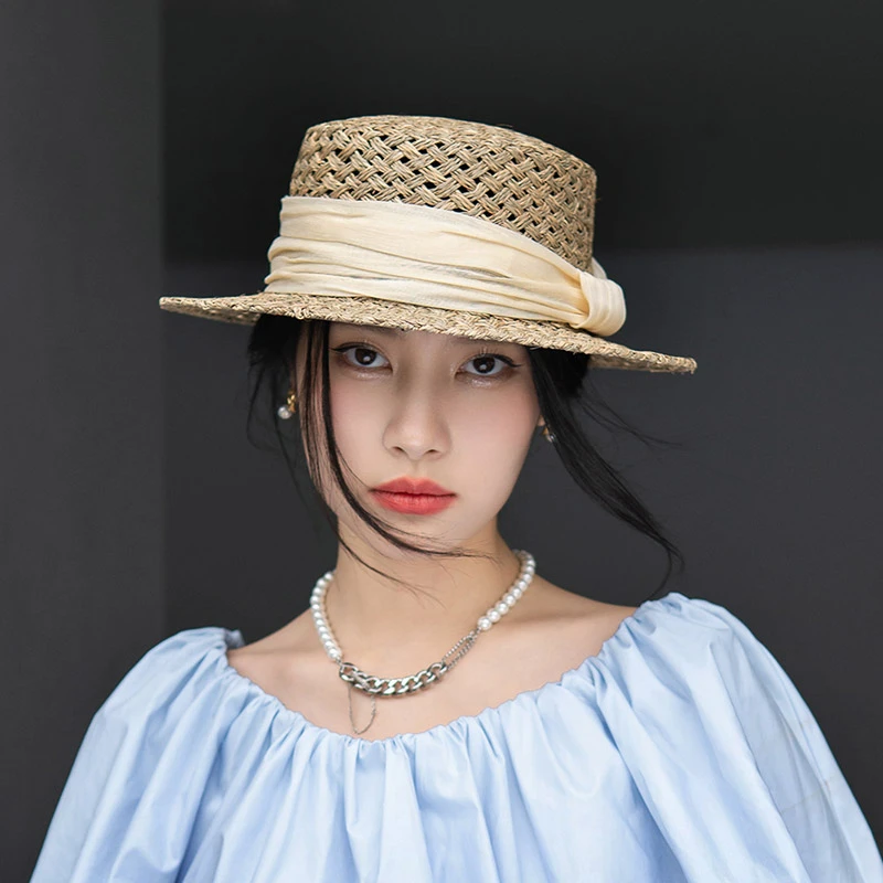 疯帽子 手编天然咸水草草帽 镂空平顶遮阳防晒帽子出游逛街夏季