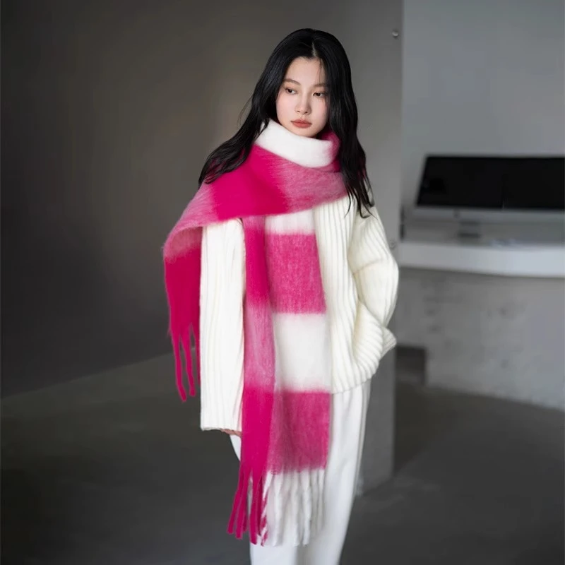 疯帽子 冬新款韩版百搭撞色格纹围巾女长款加厚保暖流苏围脖