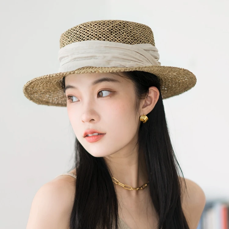 疯帽子草帽咸水草镂空高级草编帽复古平顶礼帽女夏季度假25年新