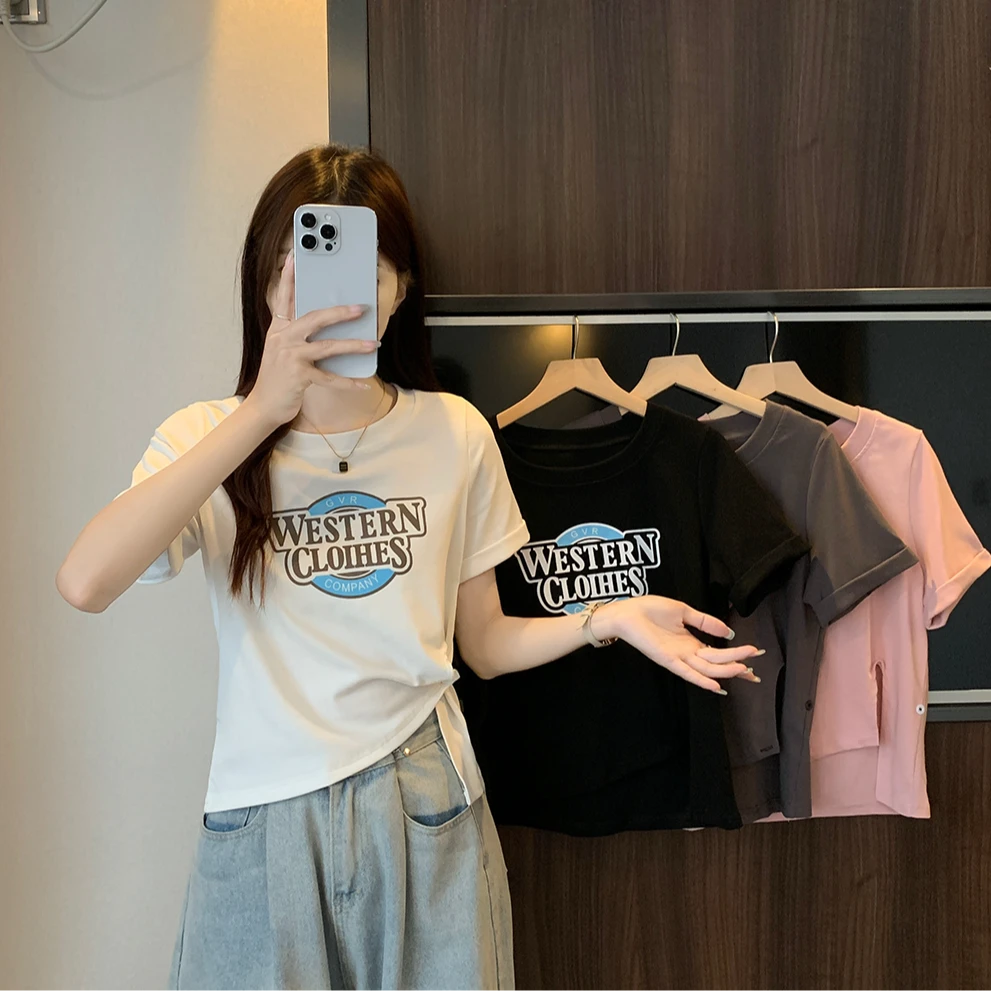3175时尚休闲百搭风格字母印花收腰不规则设计感短袖圆领T恤2119