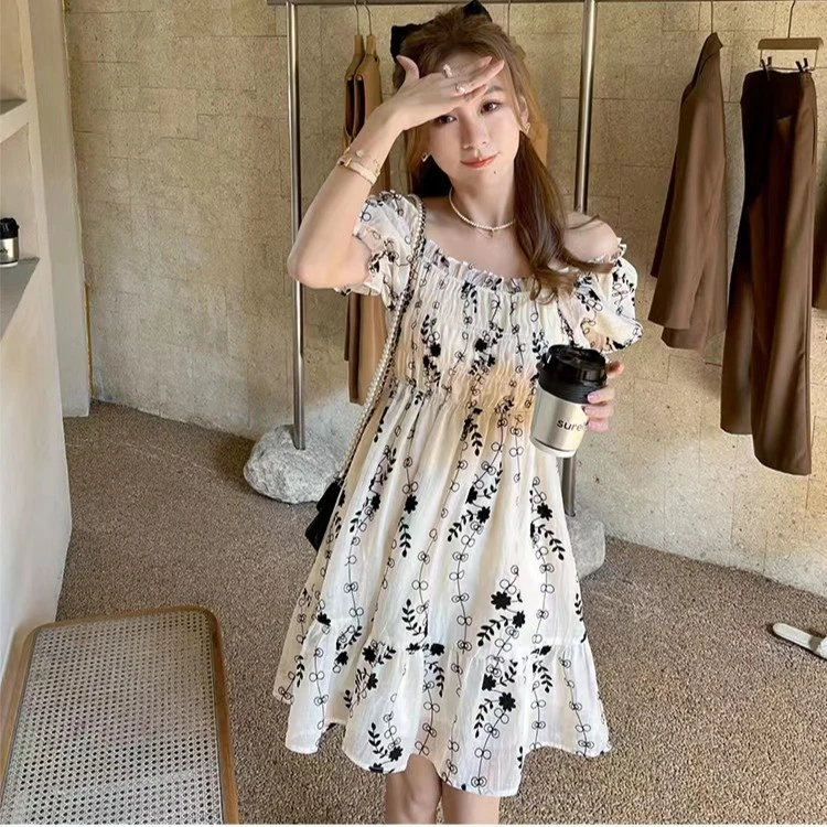 1714夏季新款韩版时尚收腰甜美碎花连衣裙气质一字肩显瘦A字裙616