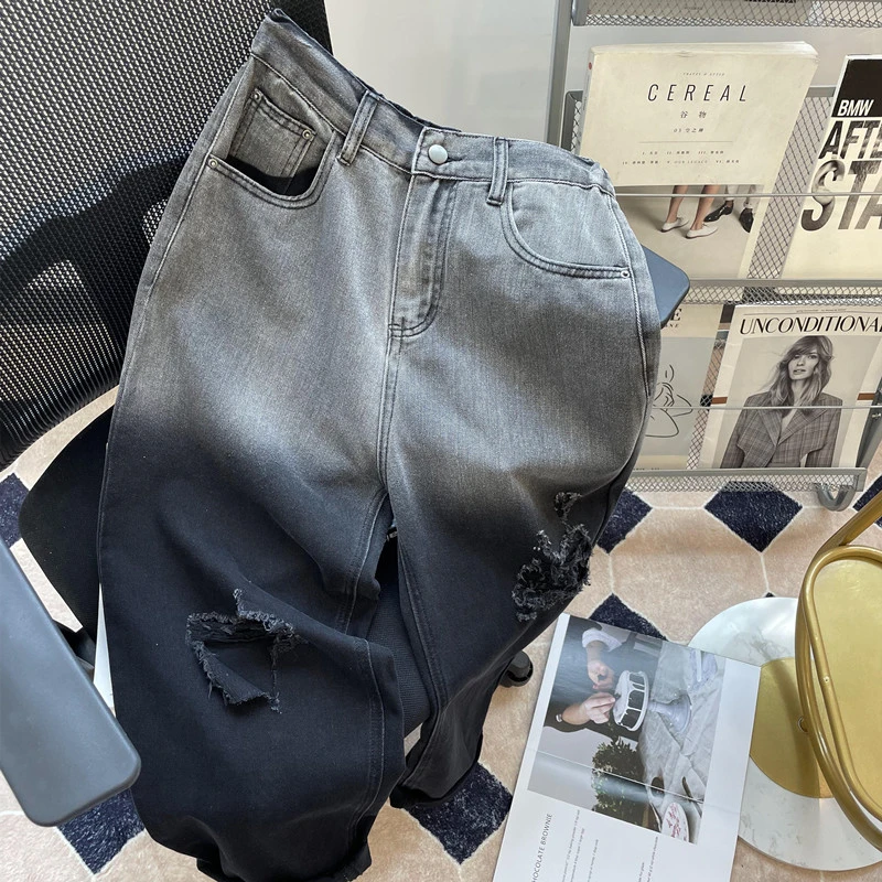 3214时尚休闲百搭新潮流渐变调破洞半松紧腰水洗直筒牛仔裤7223