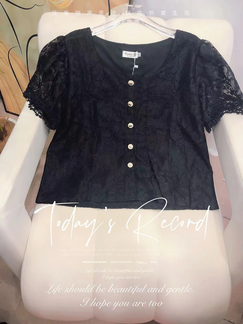 2560大码女装胖mm法式时尚休闲百搭蕾丝衫重工镂空短袖T恤上衣