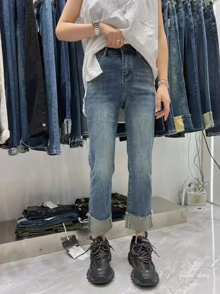 3273时尚休闲百搭设计感微弹卷边直筒高腰九分水洗牛仔裤7310