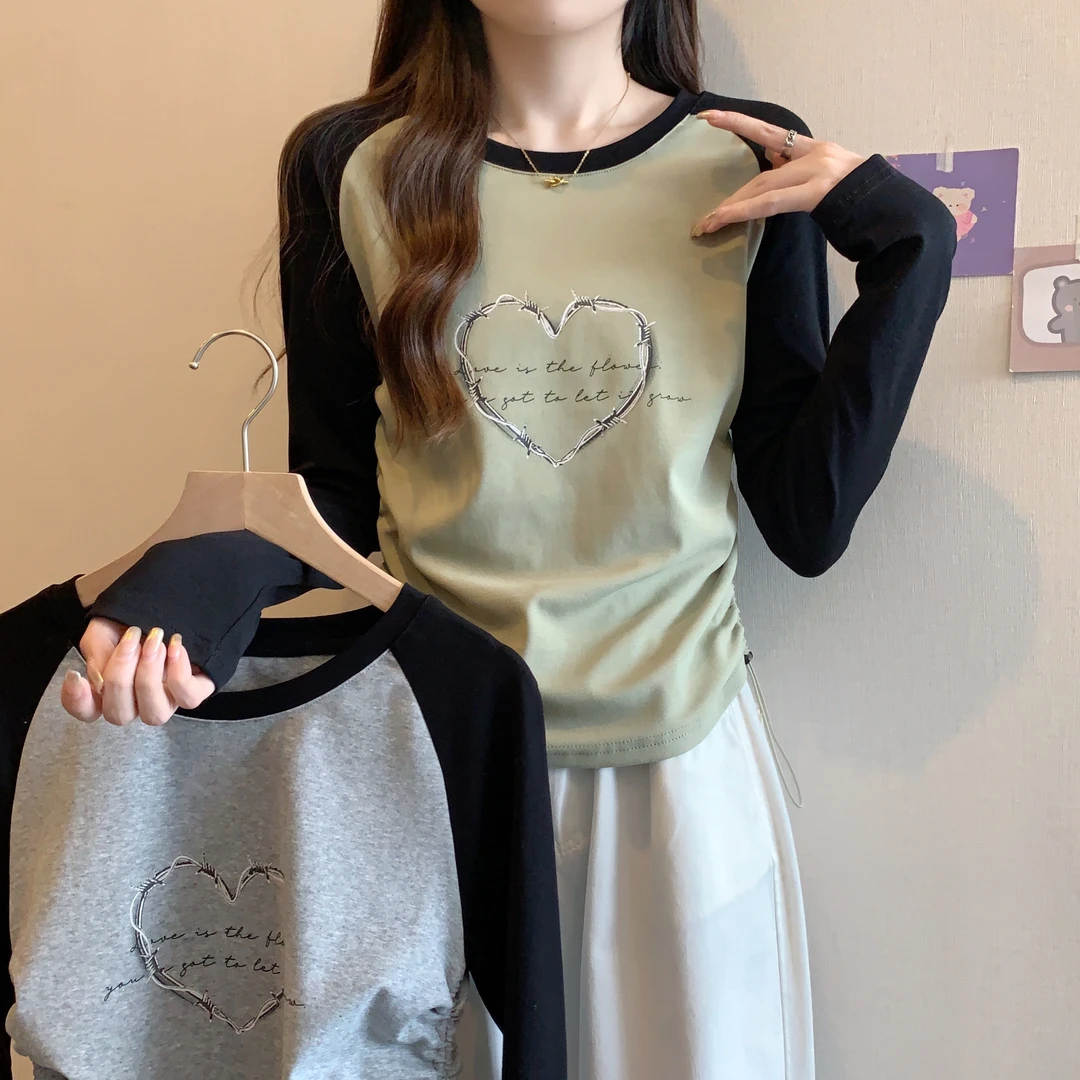 3323时尚百搭小众爱心字母印花拼色设计插肩袖圆领T恤上衣9208