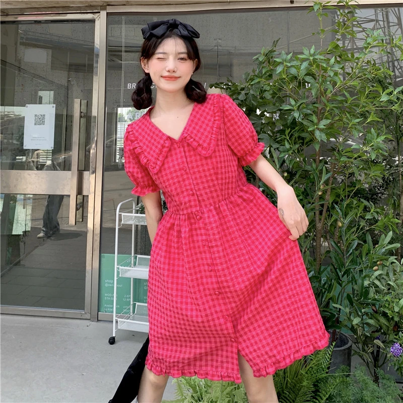 2906夏季时尚青春甜美风气质格纹设计泡泡袖连衣裙6146