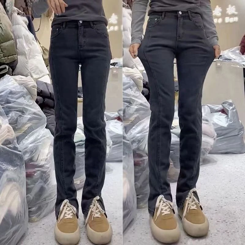 3182时尚休闲百搭显瘦微开叉阔腿裤窄版水洗微弹牛仔裤6291