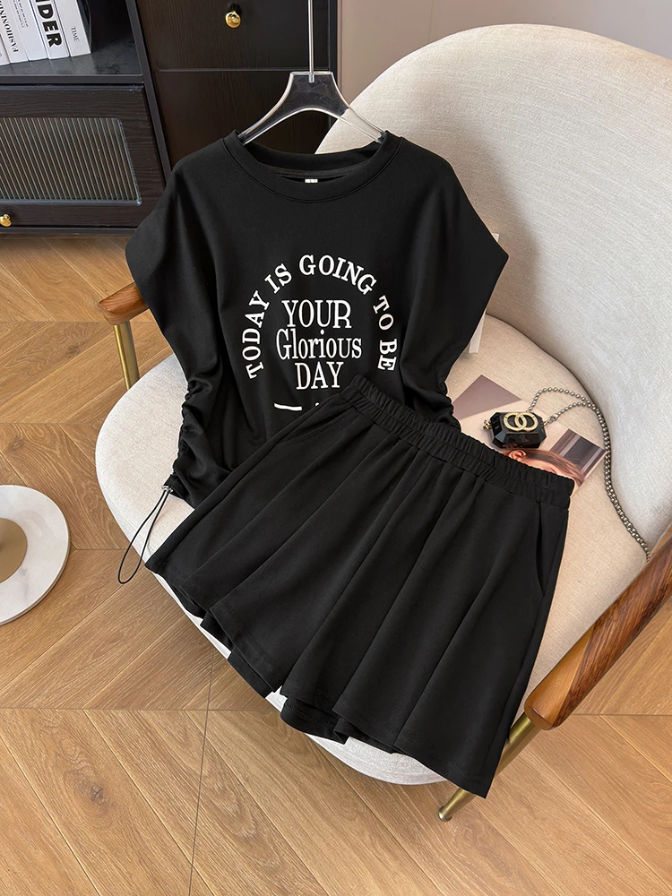 3116（2件套）时尚字母印花抽绳收腰圆领显瘦上衣+宽松短裤套装2733