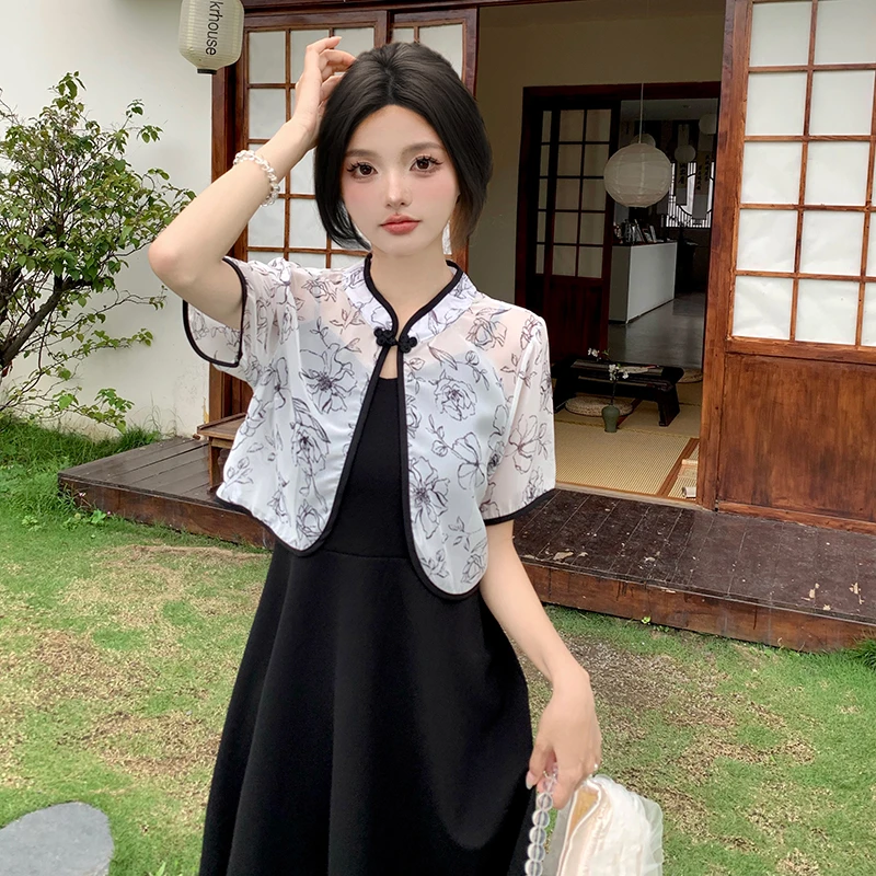 2887（轻微染色介意勿拍单上衣）国风水墨碎花设计感薄款短上衣5308