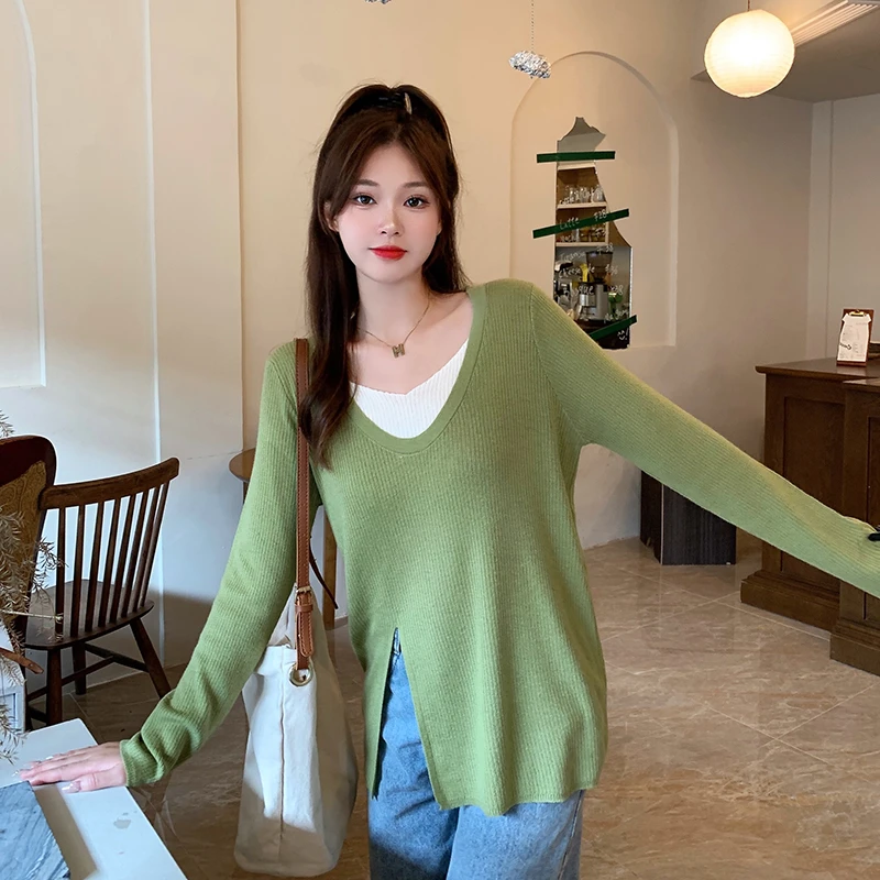 3073时尚百搭宽松遮肉显瘦设计薄款长袖针织衫上衣70325