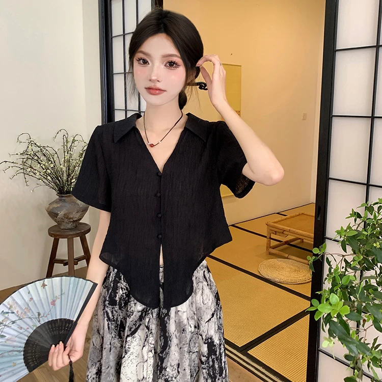 2885（单上衣）时尚休闲百搭不规则设计感黑色短款V领短袖上衣5315