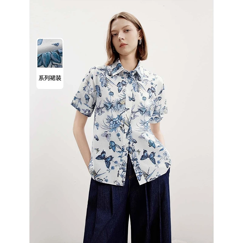 朗姿法式气质纯棉蓝色印花短袖衬衫2024年夏季新款女士上衣设计感