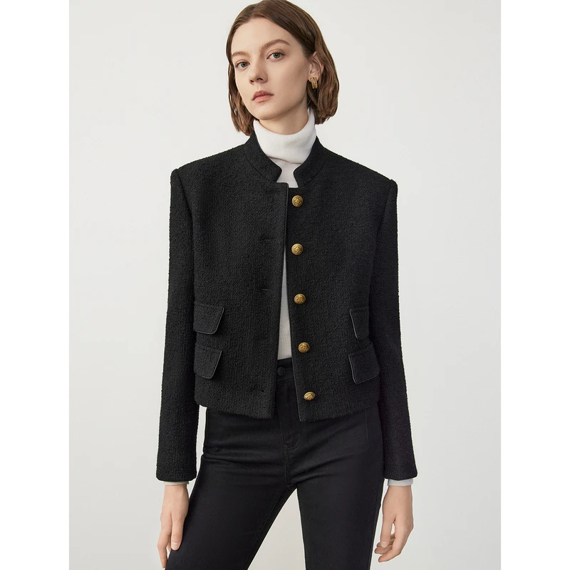 【陈大可】朗姿羊毛短款气质显瘦外套黑色上衣高级感