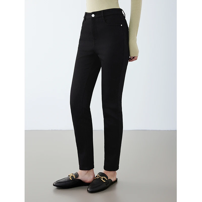 朗姿法式修身显瘦2024冬季新款休闲高级感牛仔裤黑色气质直筒裤子