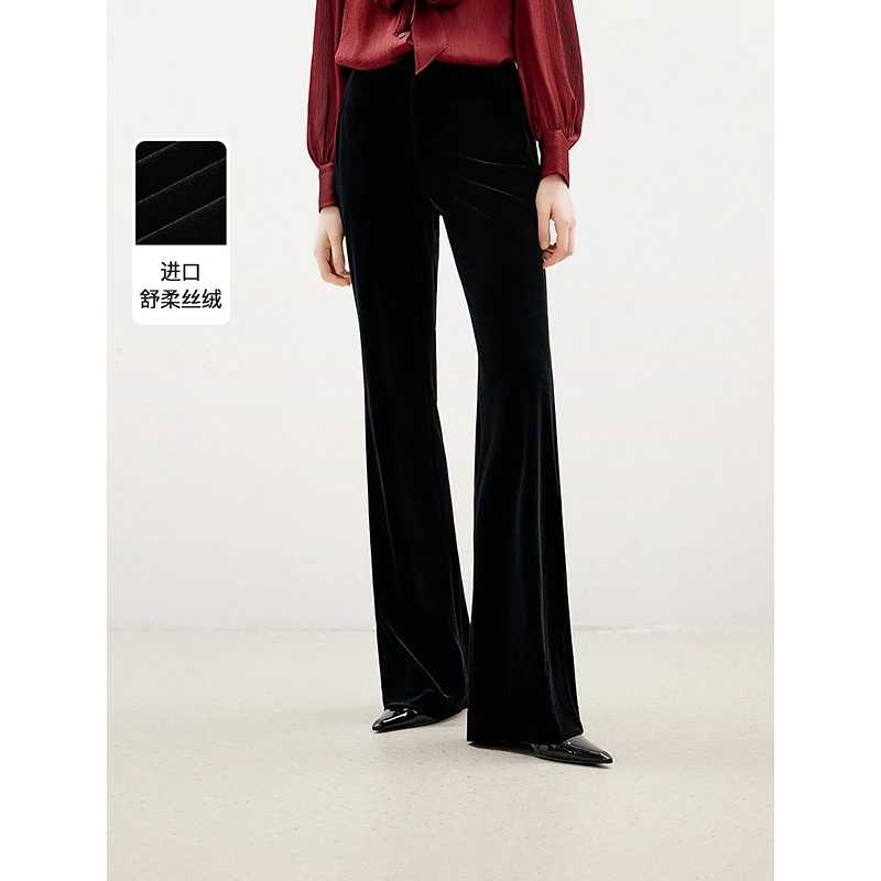 朗姿法式复古时尚气质丝绒喇叭裤通勤长裤2024年冬季新款西装裤女