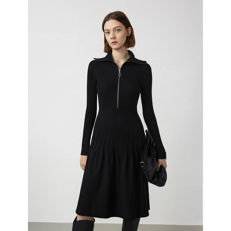 达人朗姿法式翻领显瘦针织连衣裙ol风气质小黑裙秋季