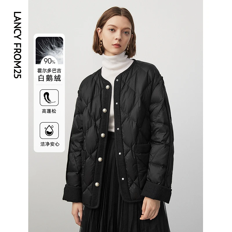 朗姿霍尔多巴吉白鹅绒法式小香风圆领羽绒服外套冬轻羽绒