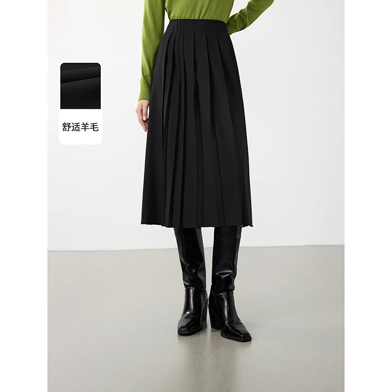 朗姿复古法式气质小黑裙女半裙2024年冬季新款百褶通勤半身裙