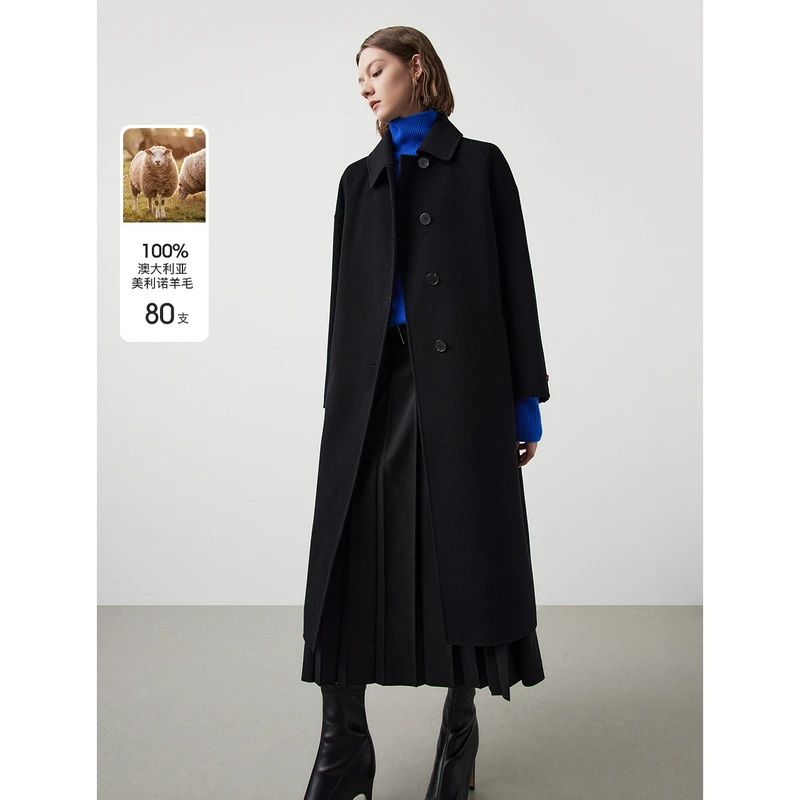 朗姿纯复古夹克式翻领双面呢大衣2024秋季新款中长款毛呢外套