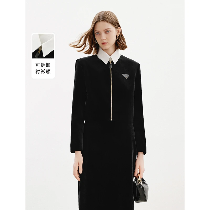 朗姿设计感时尚假两件衬衫领短外套上衣高级感丝绒夹克2024冬新款
