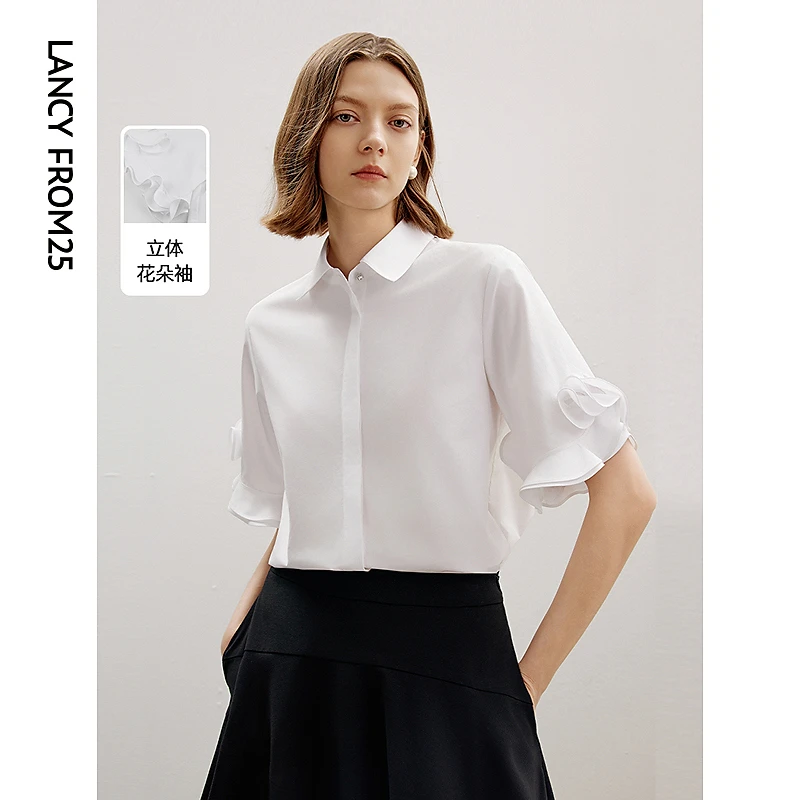 朗姿法式设计感气质复古高级感立体短袖上衣衬衫2024秋新款衬衣女