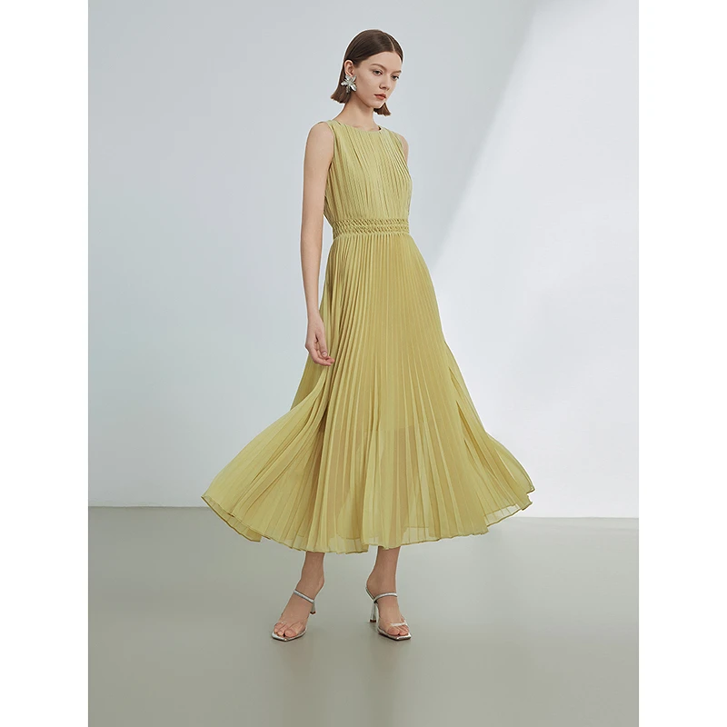 朗姿设计感法式收腰褶皱气质高级感长裙春季新款女装2024年连衣裙