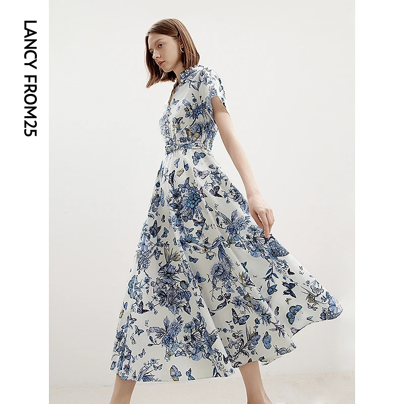 朗姿法式气质纯棉碎花收腰POLO领短袖连衣裙女2024年夏季新款裙子