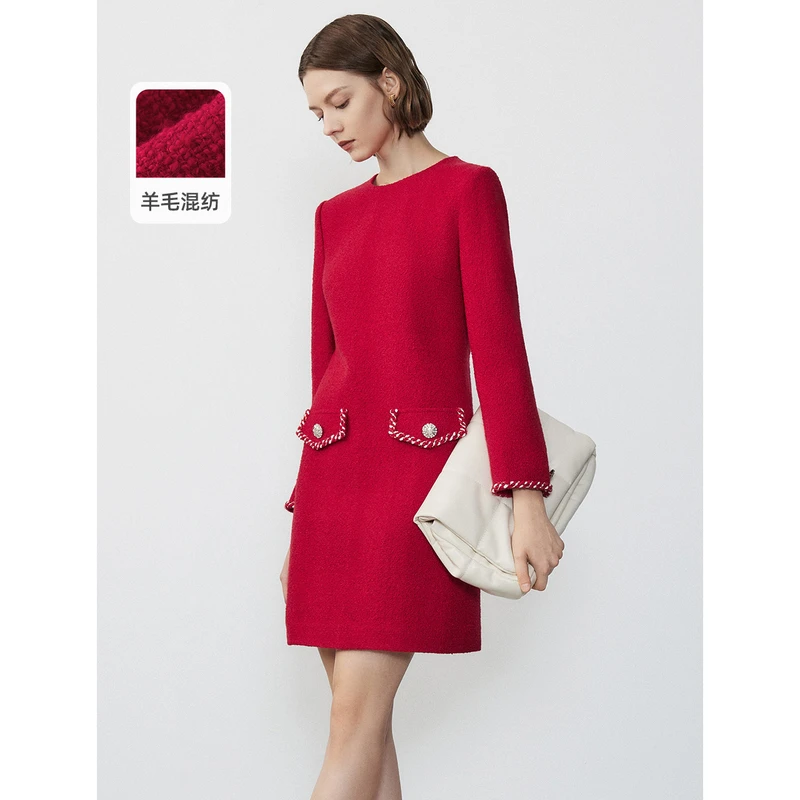 朗姿冬季新款法式高级感优雅时尚红色小香风连衣裙气质显瘦裙子