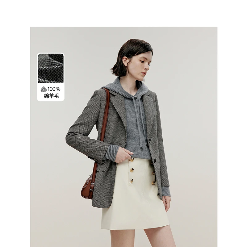 朗姿欧洲EiLEEN ELITEE2024冬新款纯羊毛复古千鸟格休闲西装外套