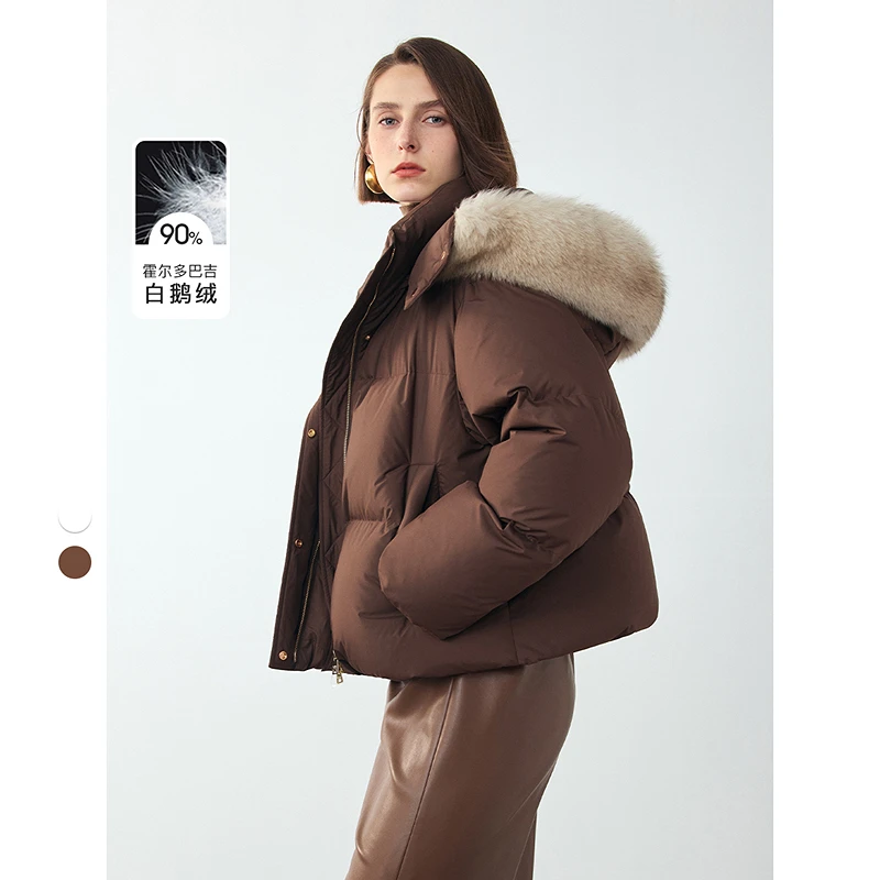 朗姿狐狸毛领霍尔多巴吉白鹅绒短款连帽外套女2025冬季新款羽绒服