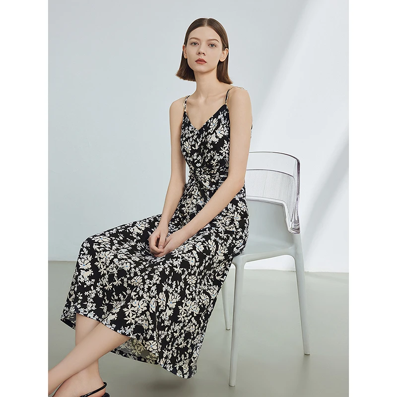 朗姿碎花吊带法式裙夏高级感气质收腰抽褶欧若风复古印花连衣裙女