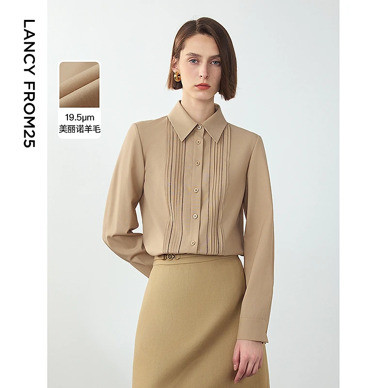 朗姿内搭洋气别致高级感衬衣2024年冬季新款法式羊毛高级感衬衫女