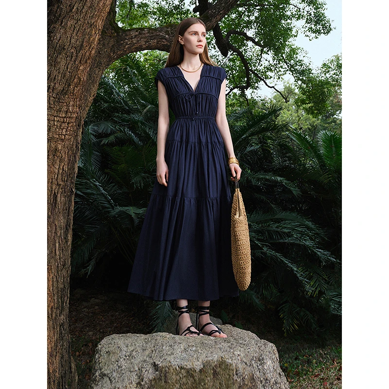 【陈大可】朗姿纯棉无袖法式蛋糕裙长款裙子春蓝色连衣裙v领